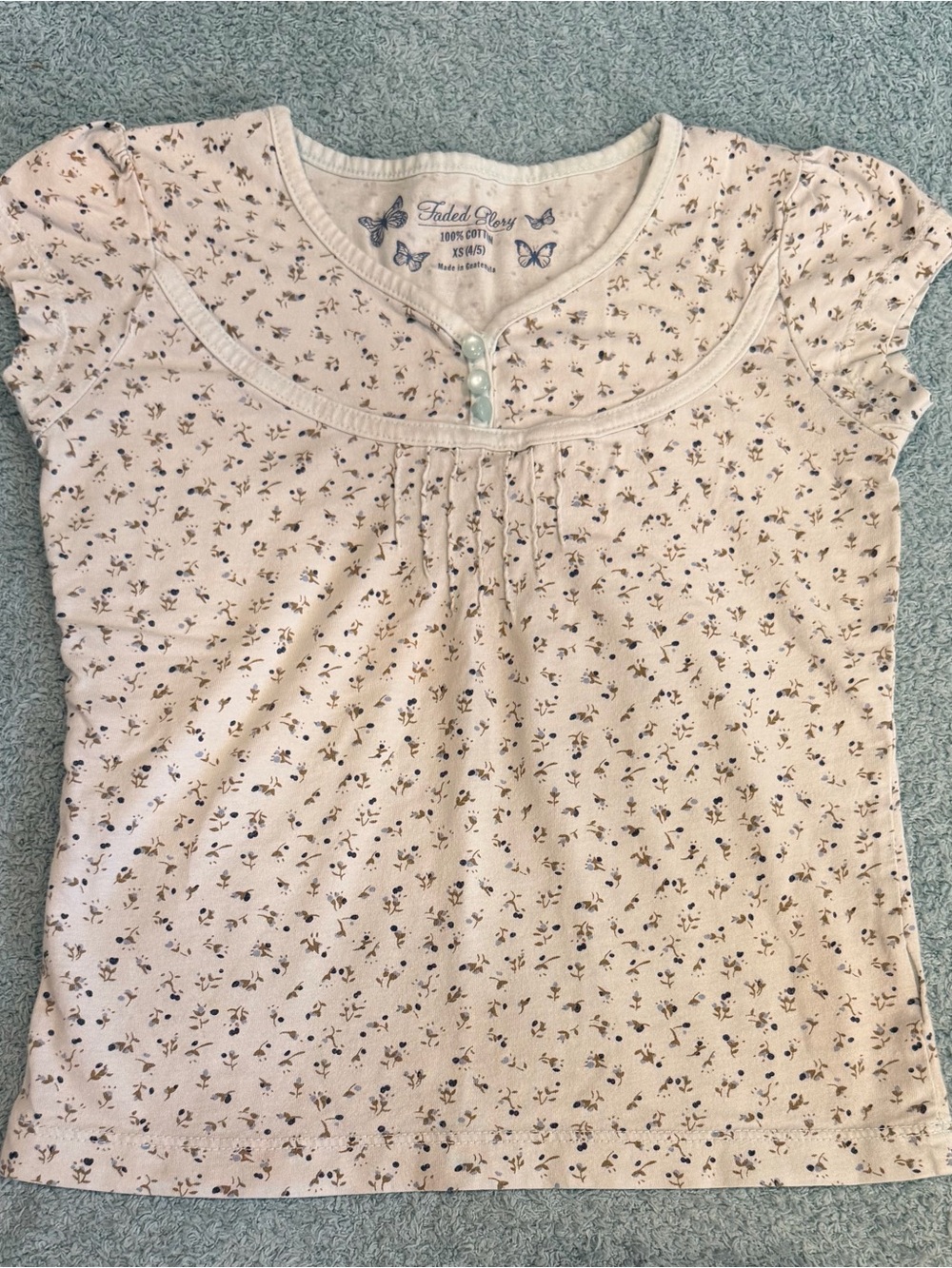 Faded Glory Girls XS 4-5 Blue Floral Henley Short Sleeve 100% Cotton Shirt